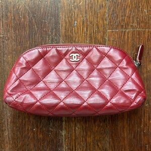 Chanel Red Lambskin Cross stich cosmetic case clutch pouch